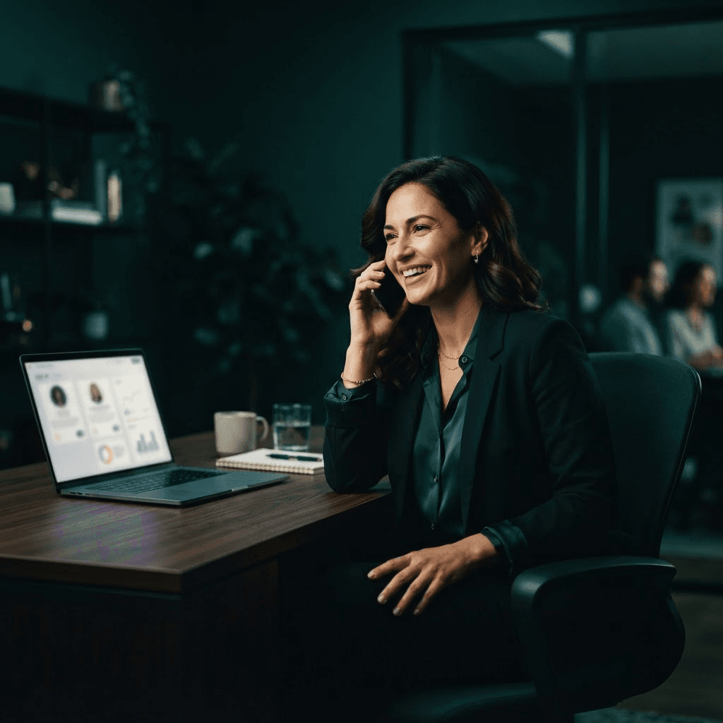 A recruiter on a phone call while an interface highlights matched candidate profiles