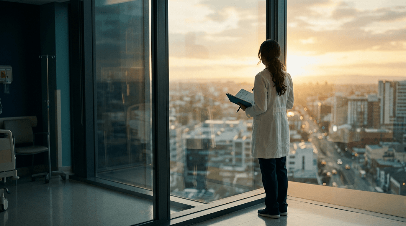 A young physician in a white coat stands at a hospital window, seen from behind, looking out over the city in early morning light.