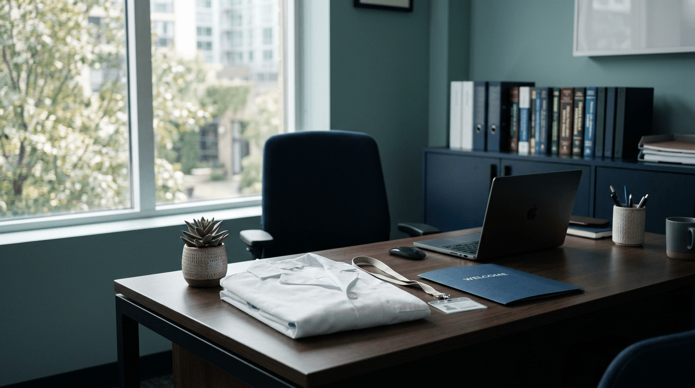 A physician office prepared for a first day, with a folded white coat, an ID badge, a welcome folder, and a laptop on the desk.