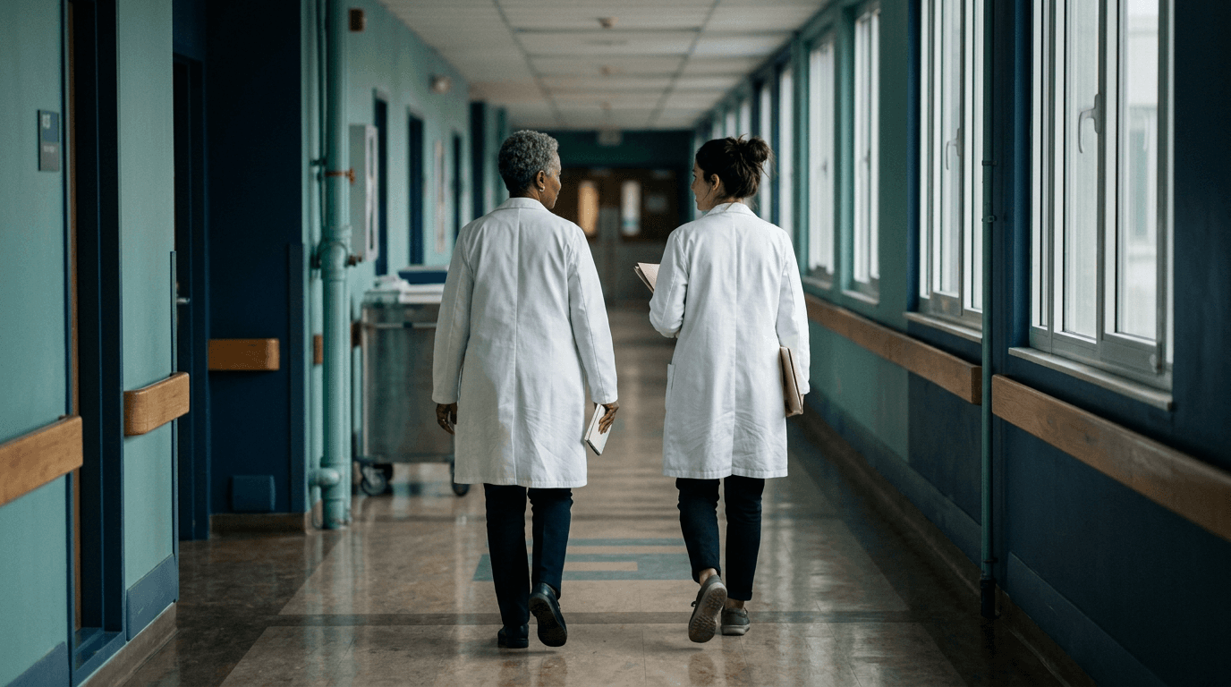 A senior physician and a younger physician in white coats walk side by side down a sunlit hospital corridor, seen from behind.